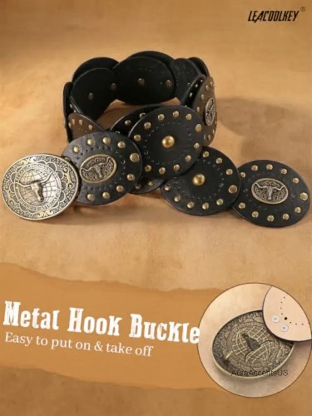 Women's Boho Wide Western Concho Disc Belt Faux Leather